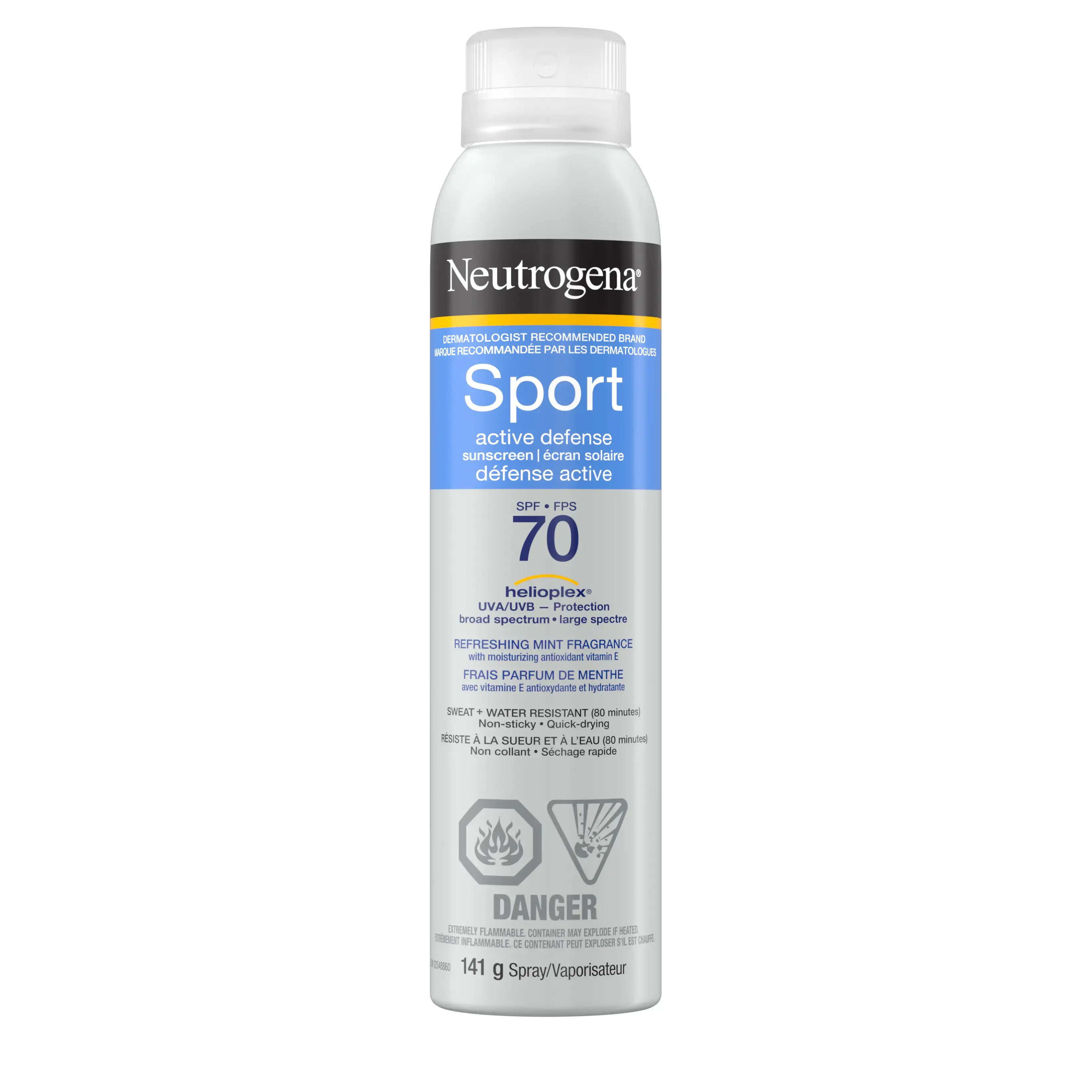 Vue de face de la bouteille d'écran solaire en vaporisateur NEUTROGENA® Sport Défense active FPS 70, 141 g
