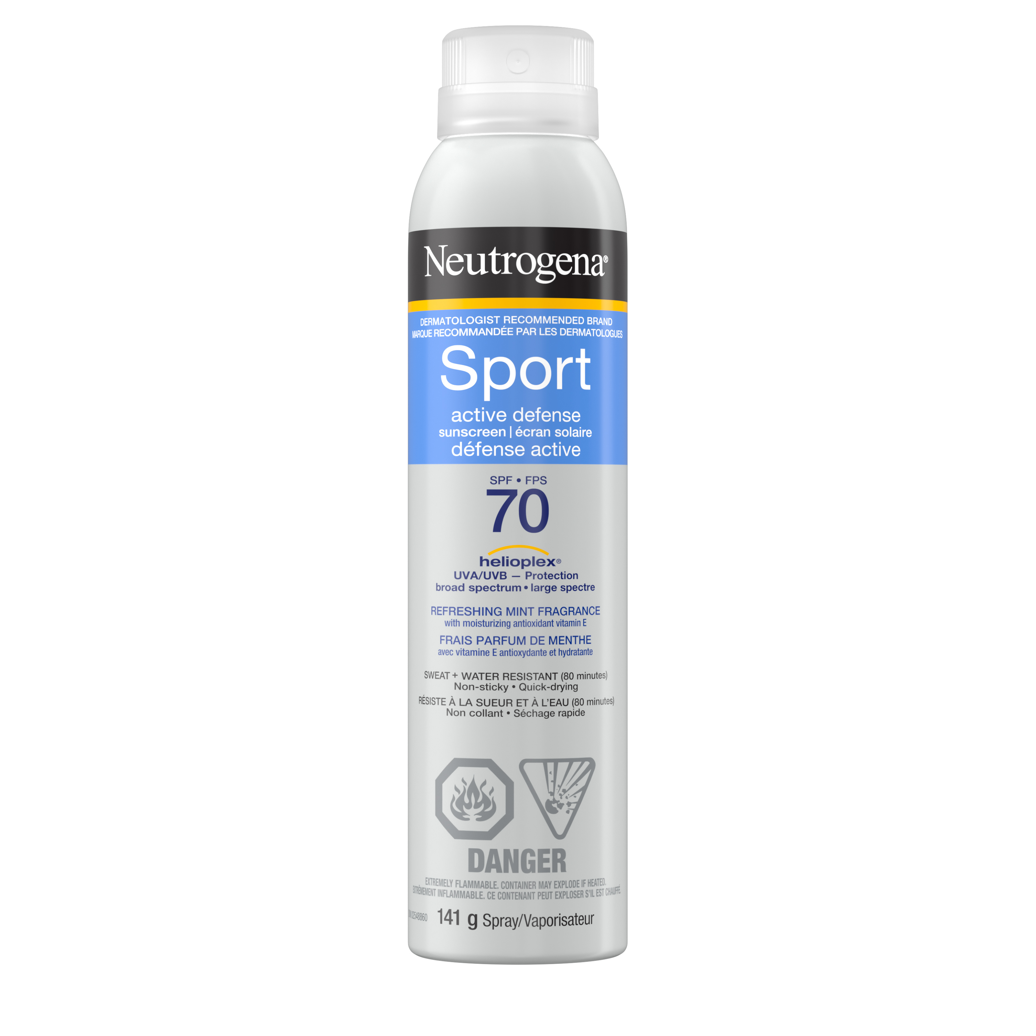 Front shot of NEUTROGENA® Sport Active Defense SPF 70  Sunscreen Spray bottle  141  g