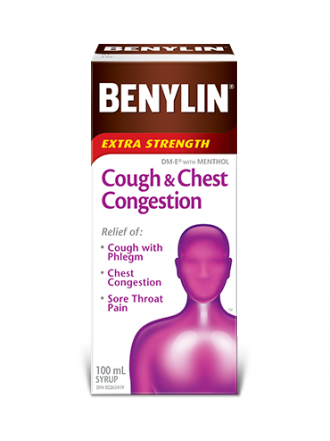 Benylin Extra Strength Cough & Chest Congestion syrup, 100mL. For relief of: cough with phlegm, chest congestion and sore throat pain.