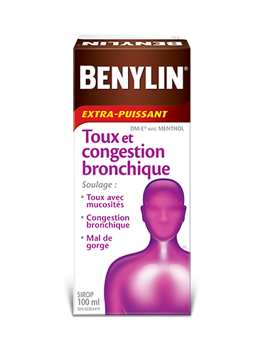 Sirop BENYLIN® Extra-puissant Toux et congestion bronchique, 100 ml. Soulage : Toux avec mucosités, congestion bronchique et mal de gorge.