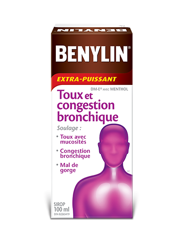 Sirop BENYLIN® Extra-puissant Toux et congestion bronchique, 100 ml. Soulage : Toux avec mucosités, congestion bronchique et mal de gorge.