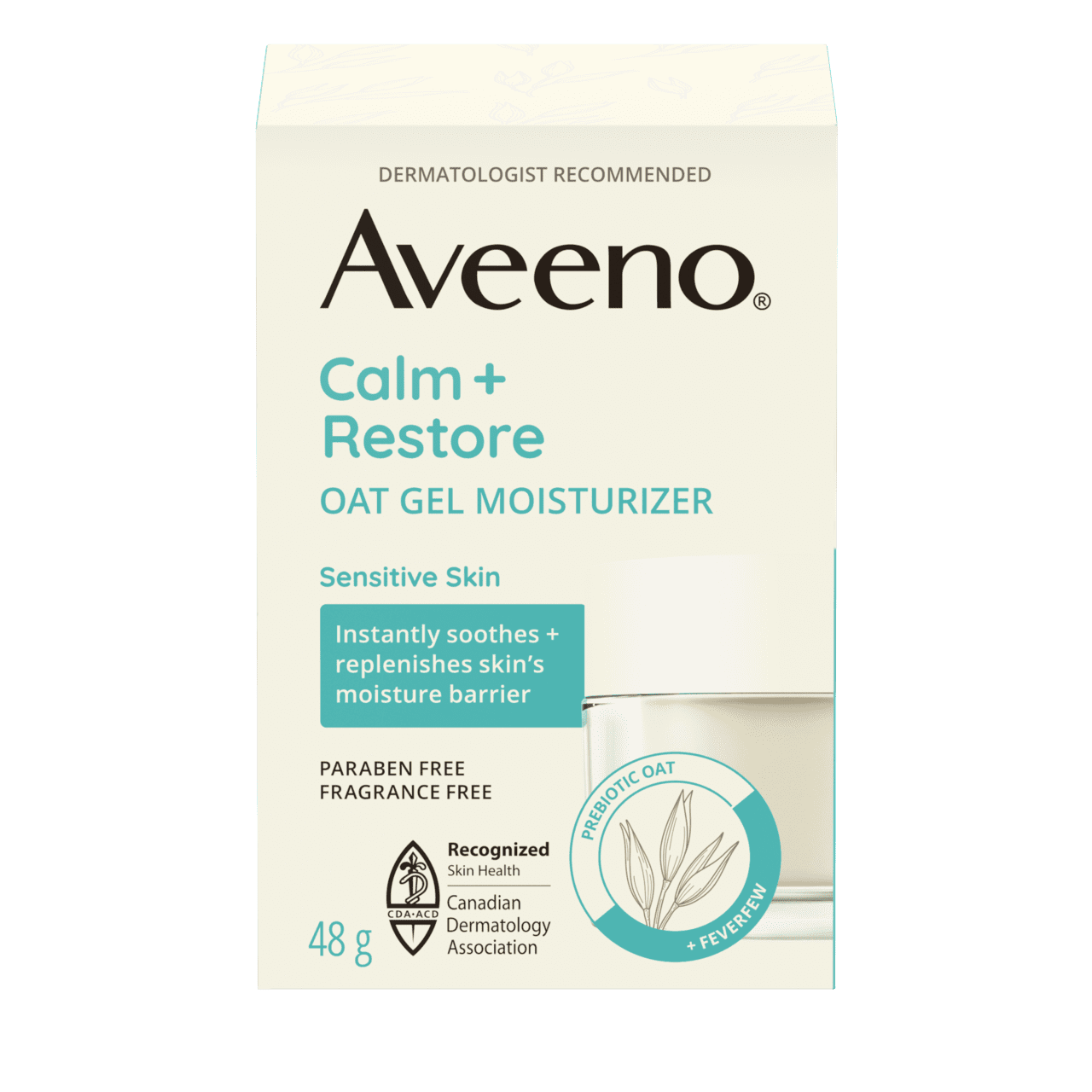 English side of packaging for AVEENO® Calm + Restore Oat Gel Moisturizer 