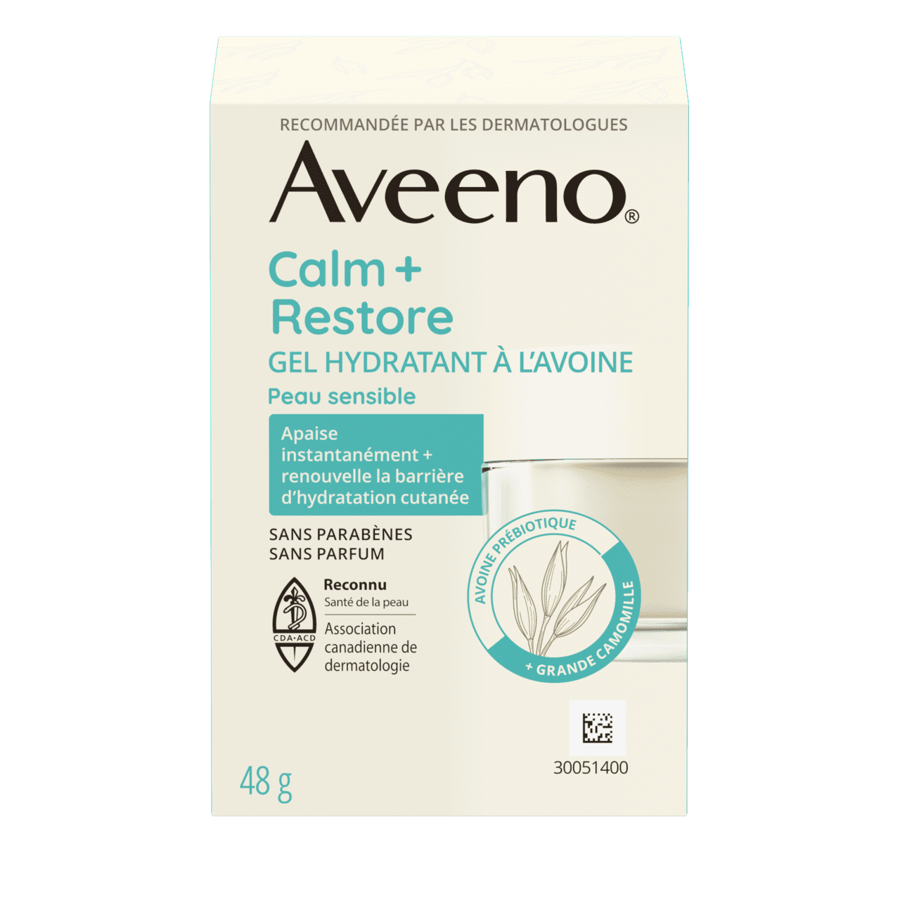 Panneau français de la boîte du gel hydratant à l'avoine AVEENO® Calm + Restore