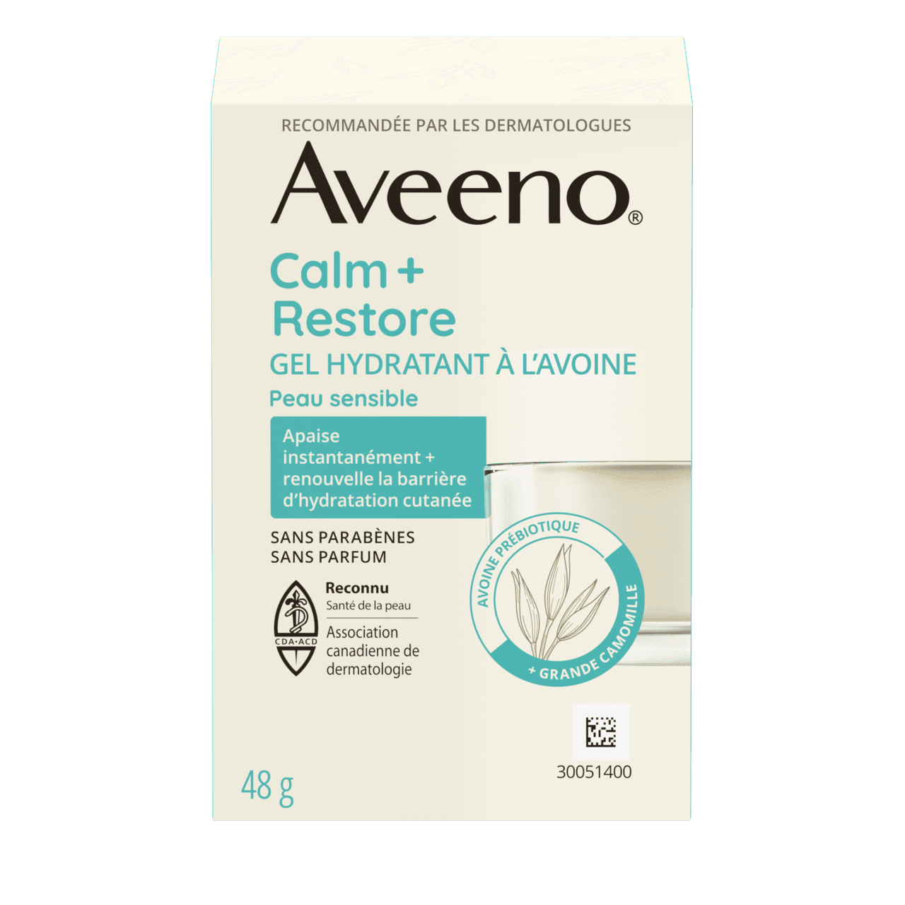 Panneau français de la boîte du gel hydratant à l'avoine AVEENO® Calm + Restore