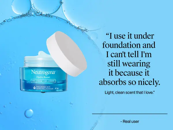 Front shot of Neutrogena Hydro Boost Gel Cream with open lid, showing the product inside next to a customer review