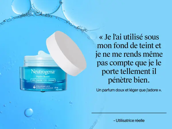 Photo de face du gel-crème Neutrogena Hydro Boost avec le couvercle ouvert, montrant le produit à l’intérieur à côté d’un avis client