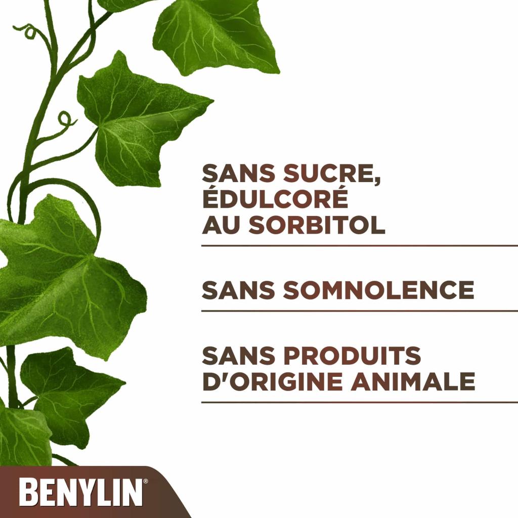 Feuilles de lierre à côté de la revendication « Sans sucre, édulcoré au sorbitol; sans somnolence; et sans produits d’origine animale »