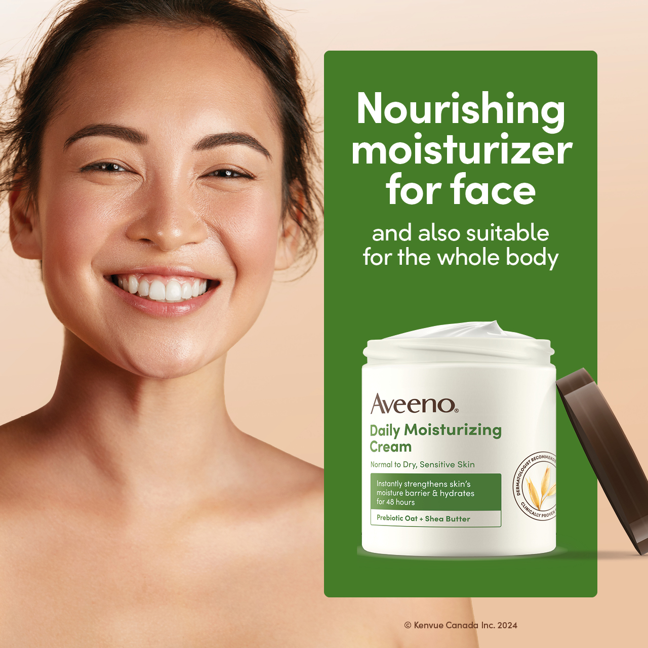 Young woman smiling next to AVEENO® Daily Moisturizing Cream for Dry & Sensitive Skin product