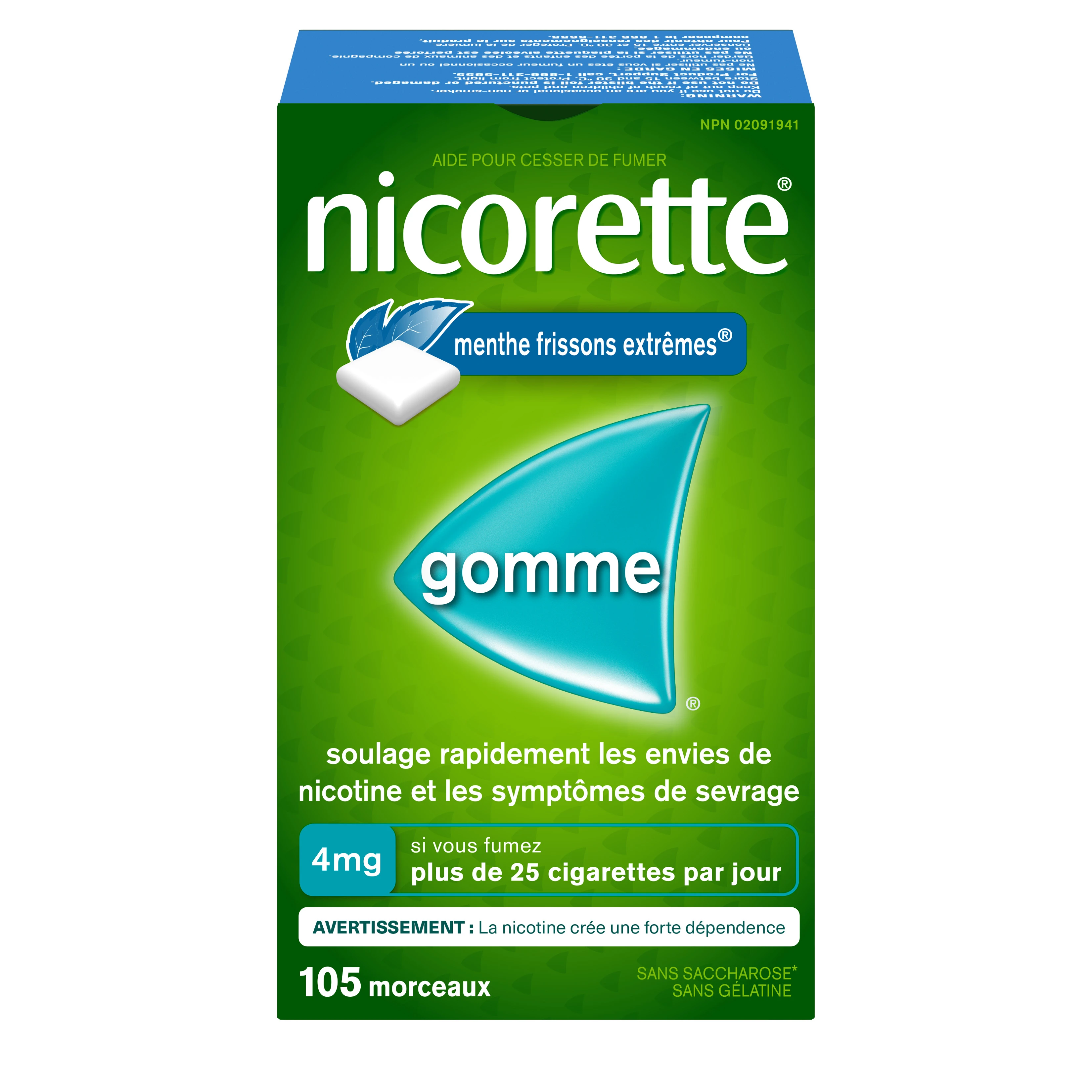 Gomme pour cesser de fumer NICORETTE®, Menthe Frissons extrêmes, 4 mg, 105 morceaux