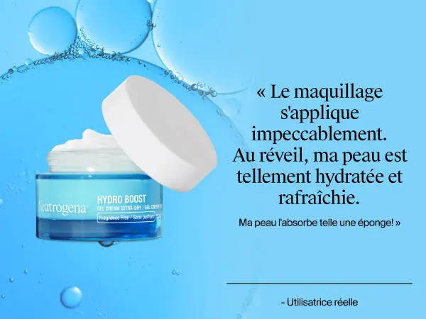 Photo de face du gel-crème Neutrogena Hydro Boost avec le couvercle ouvert, montrant le produit à l’intérieur à côté d’un avis client