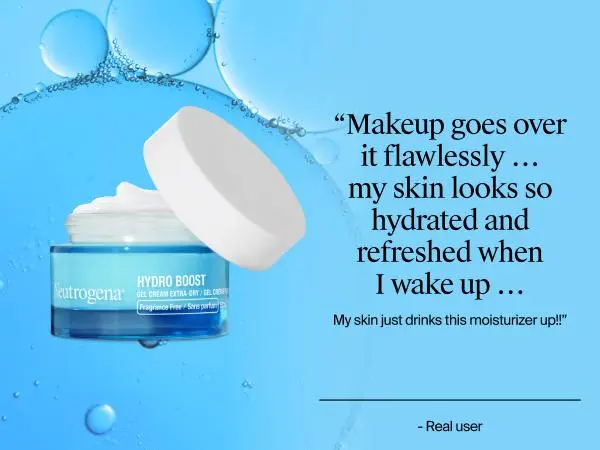 Front shot of Neutrogena Hydro Boost Gel Cream with open lid, showing the product inside next to a customer review