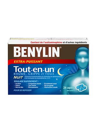 Comprimés BENYLIN® Extra-puissant Rhume et sinus PLUS+, 24 comprimés. Soulage : Douleur sinusale, congestion nasale et fièvre. 