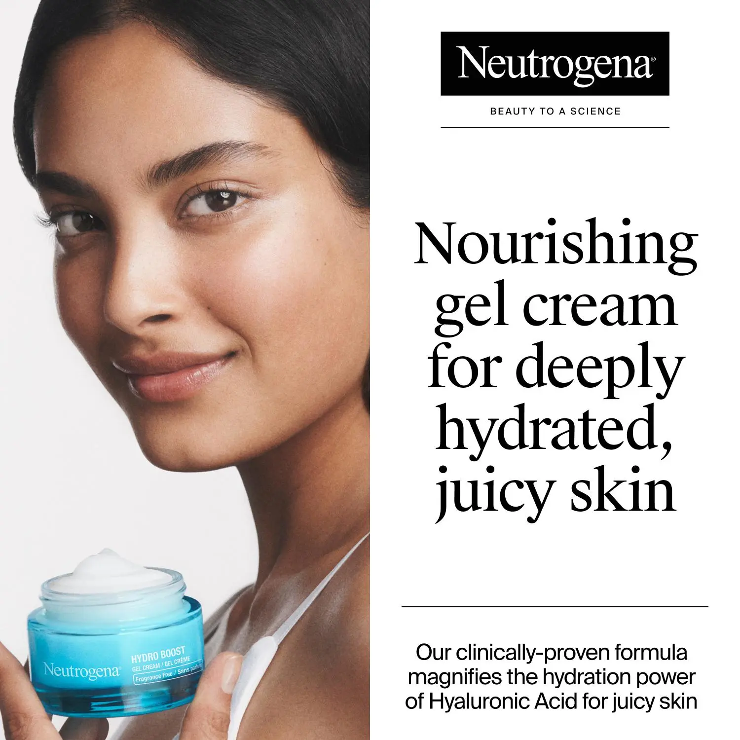 Close-up of a young woman holding a jar of Neutrogena Hydro Boost Gel Cream, Fragrance-free, with open lid, showing the product inside