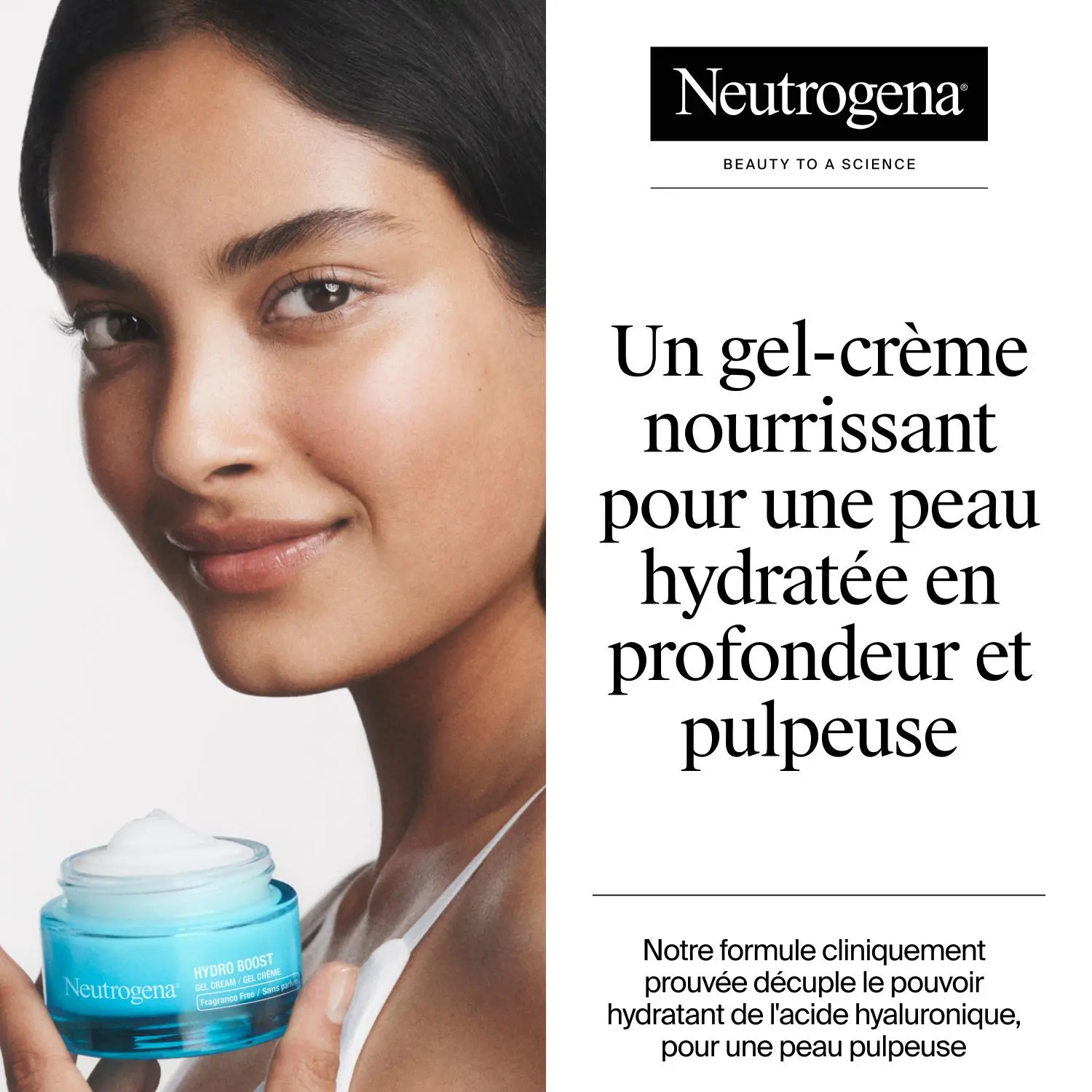 Gros plan sur une jeune femme tenant un pot de gel-crème Hydro Boost de Neutrogena, sans parfum, avec le couvercle ouvert, pour en montrer le produit à l’intérieur