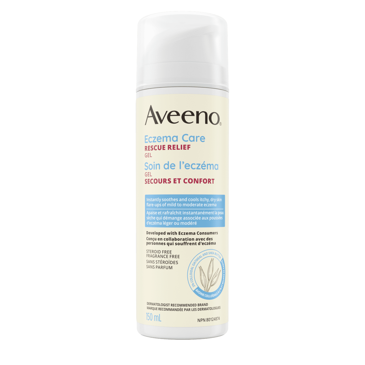 Avant du flacon-pompe de 150 ml du gel secours et confort Aveeno® Soin de l’eczéma