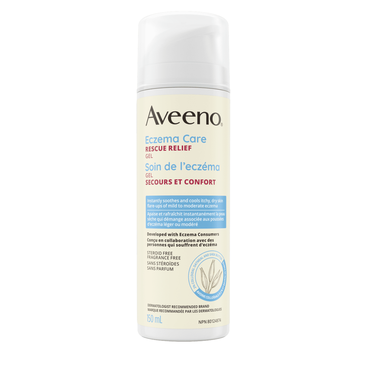 Avant du flacon-pompe de 150 ml du gel secours et confort Aveeno® Soin de l’eczéma