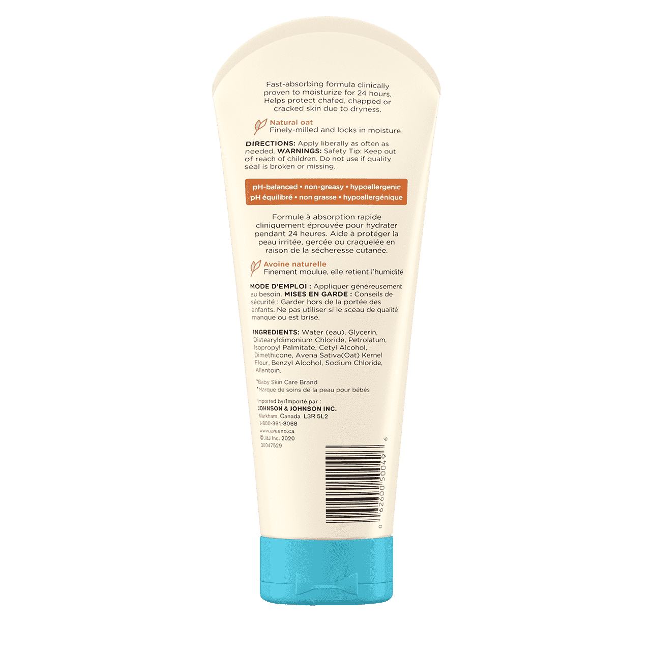 Étiquette arrière du tube de 227 ml de la lotion quotidienne AVEENO® Baby 