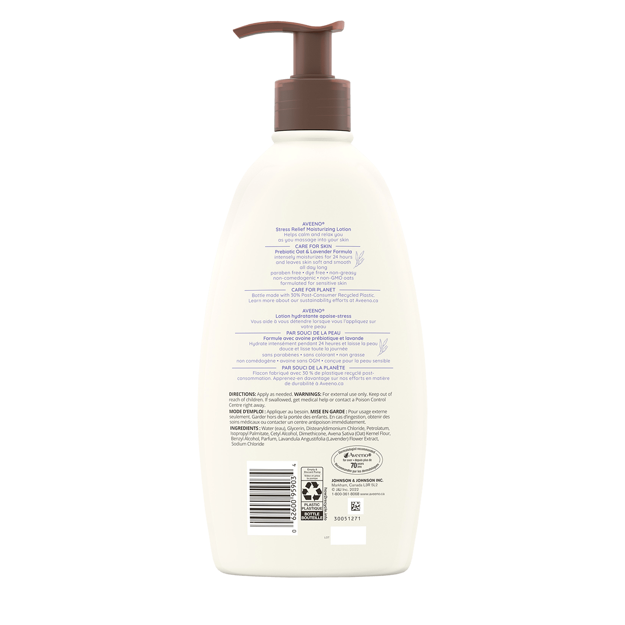AVEENO® Stress Relief Body Lotion back label, pump bottle, 532 ml