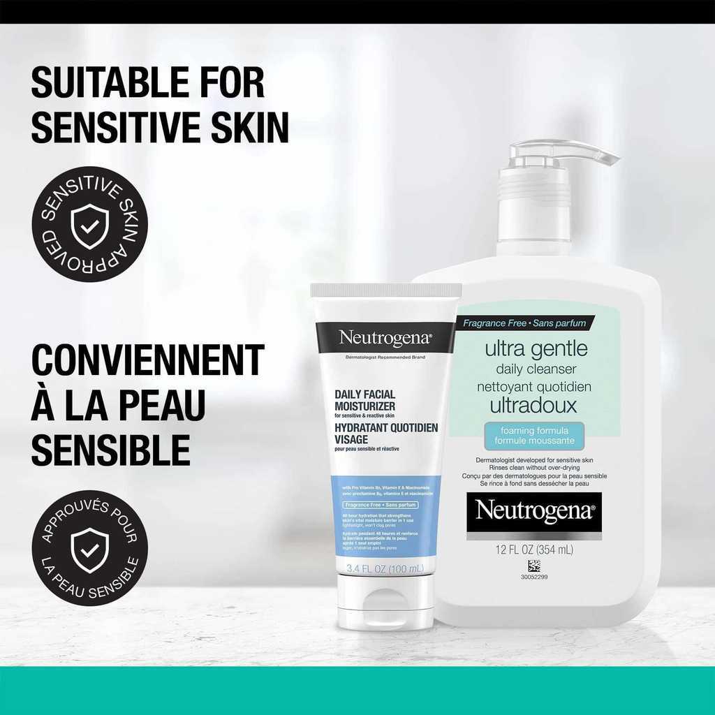 NEUTROGENA® Ultra GentleCleanser and Daily Facial Moisturizer products with a text ' Suitable for Sensitive Skin'