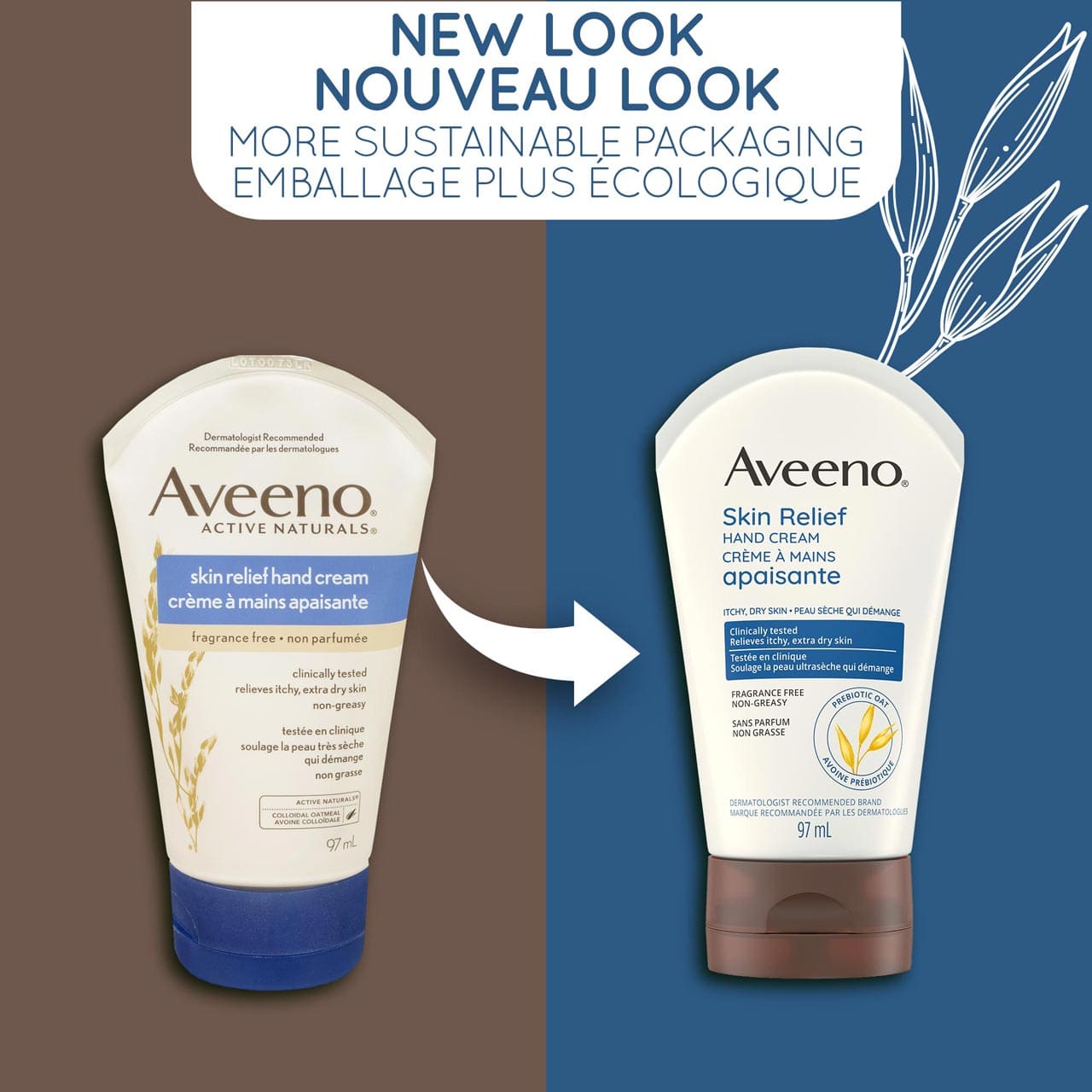 Un ancien et un nouveau tube à presser de 97 ml de la crème à mains Ultrasoins Aveeno avec la mention « Nouveau look, flacon plus écologique »