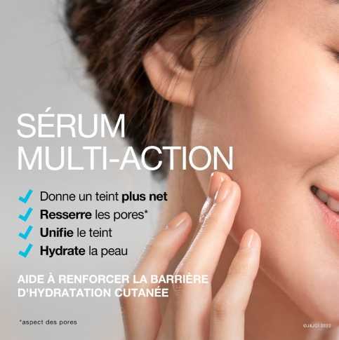 Femme qui se touche le visage, texte disant «Sérum multi-action» et «Donne un teint plus net, resserre les pores, unifie le teint, hydrate la peau»