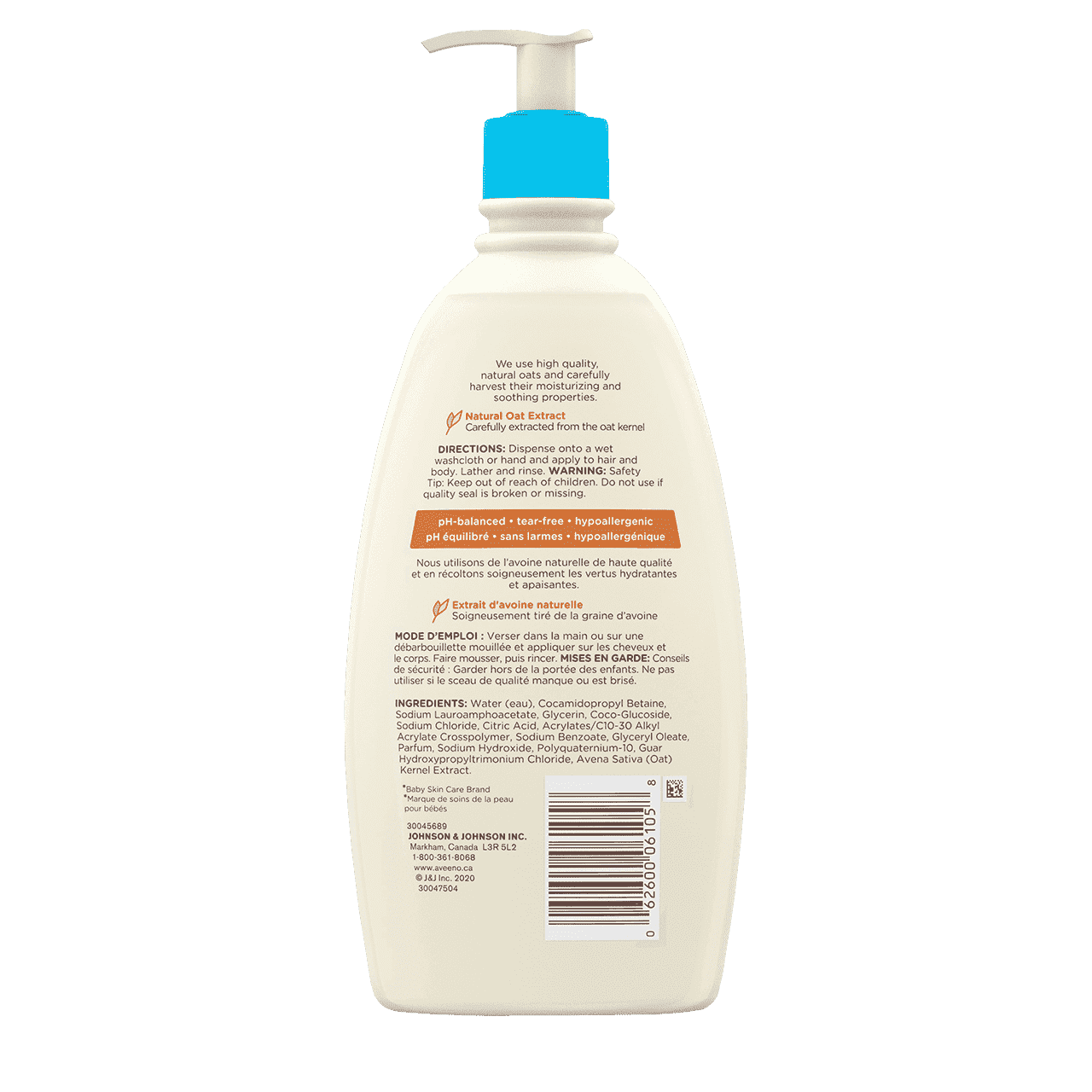 Étiquette arrière du flacon de 532 ml du nettoyant et shampoing AVEENO® BABY avec extrait d'avoine naturelle 