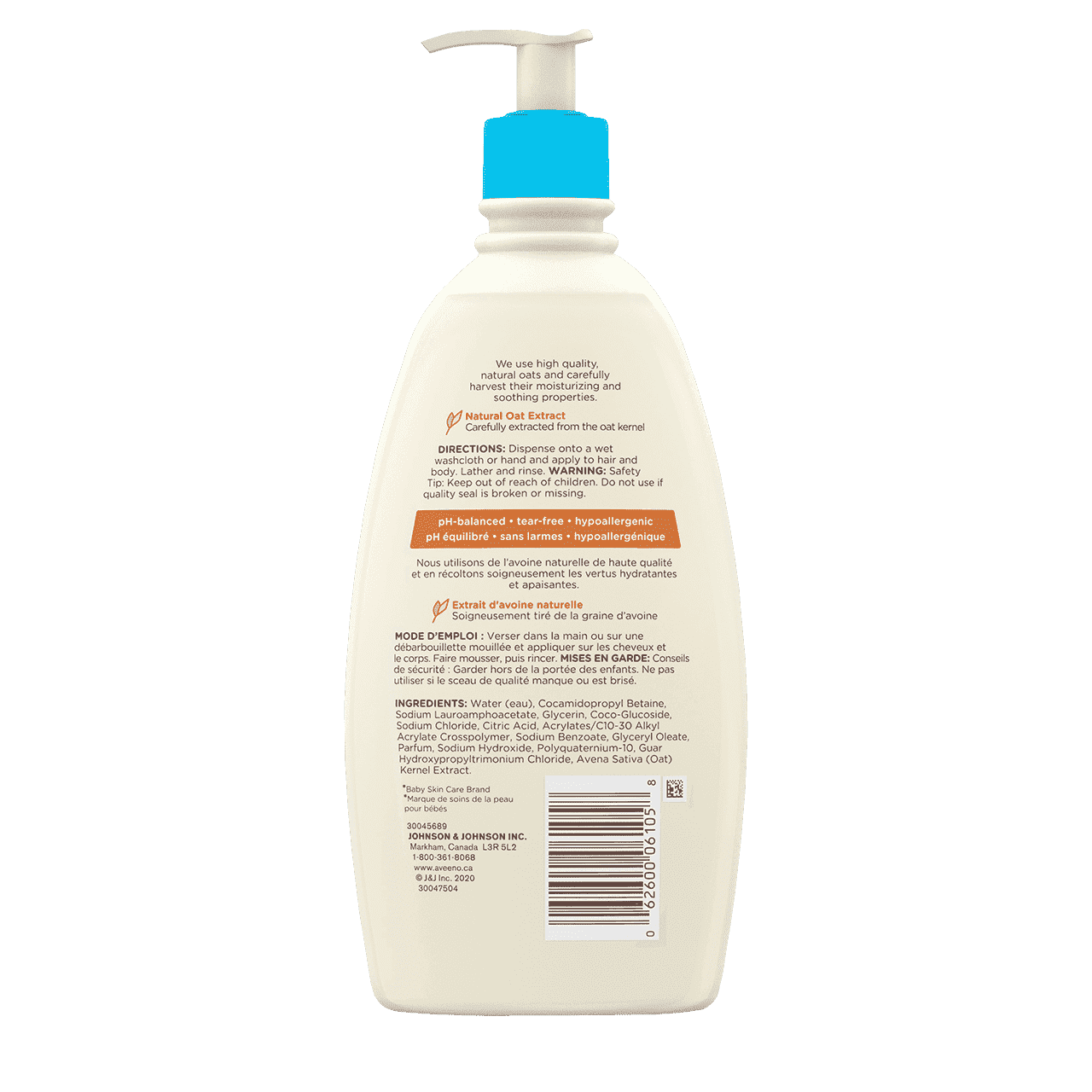 Étiquette arrière du flacon de 532 ml du nettoyant et shampoing AVEENO® BABY avec extrait d'avoine naturelle 