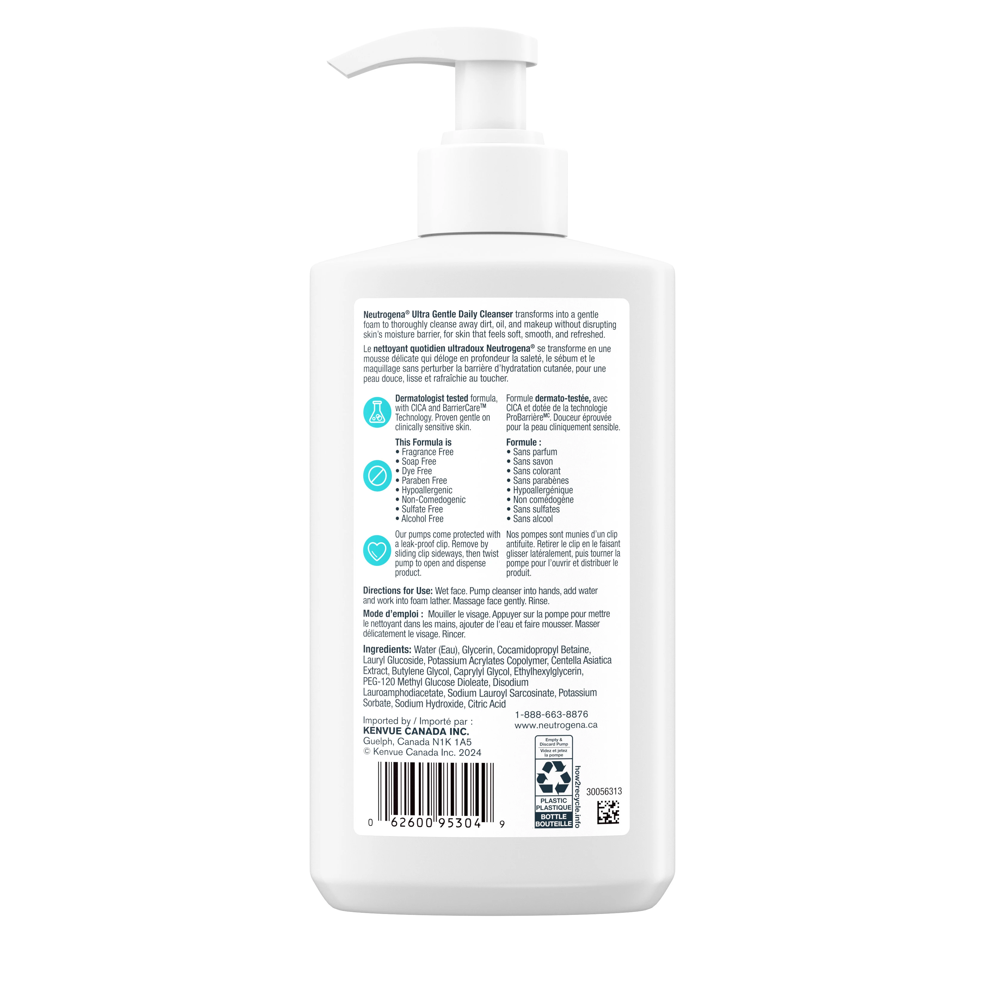 The back shot of Neutrogena® Ultra Gentle Daily Facial Cleanser, Foaming Formula, Pump Bottle