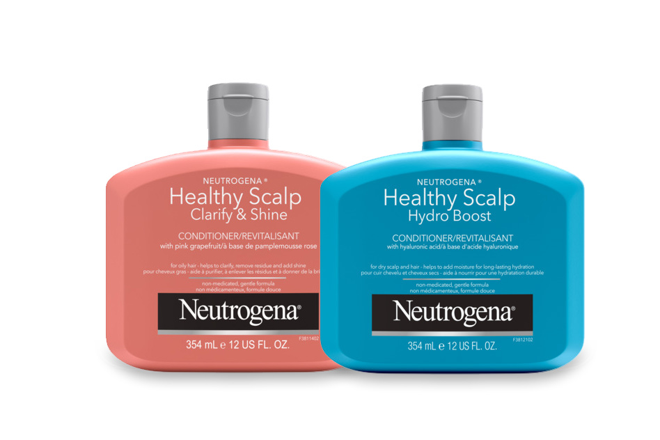 Two bottles of Neutrogena Healthy Scalp Clarify & Shine conditioner and Healthy Scalp Hydro Boost conditioner, 354mL