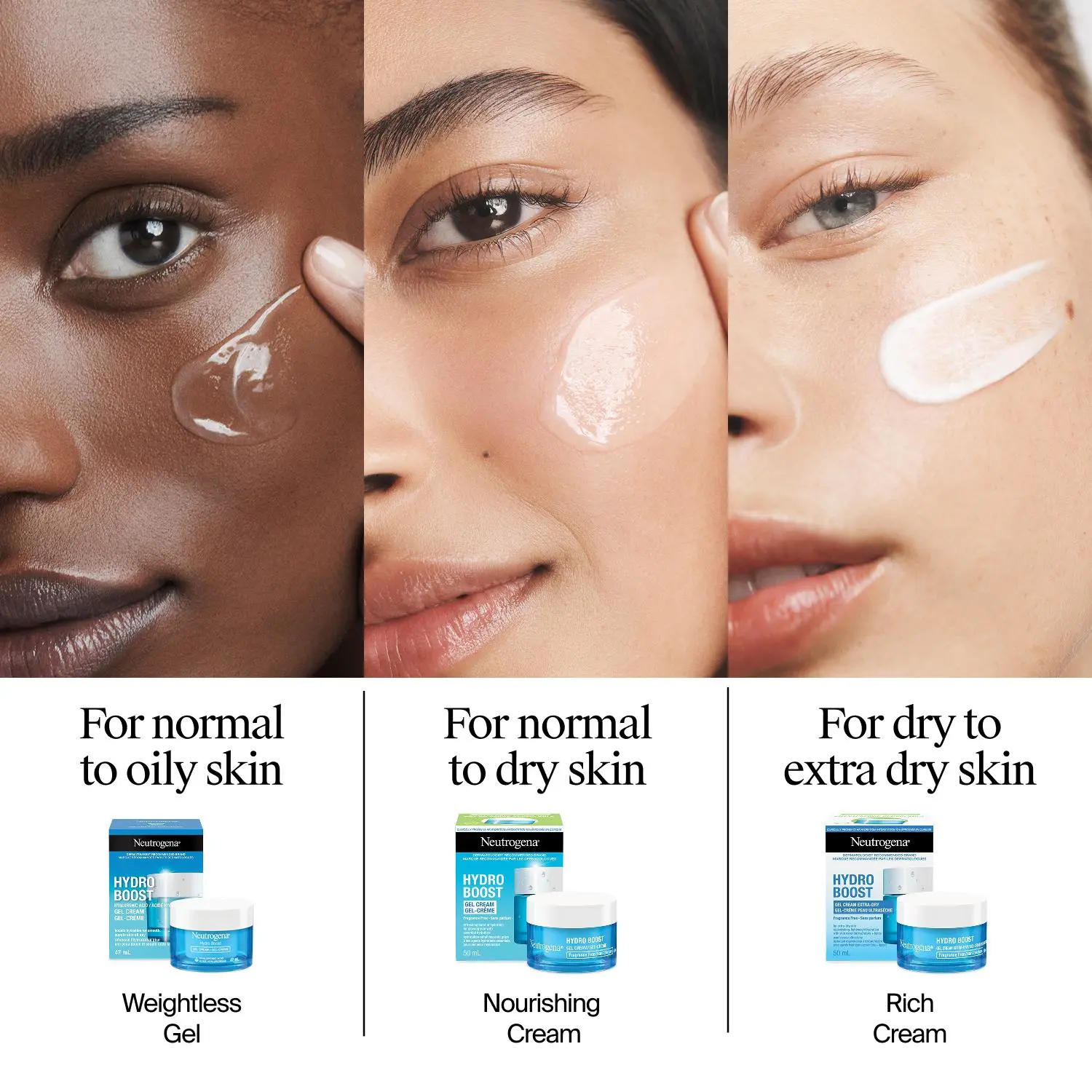 Three women of different skin tones applying Neutrogena Hydro Boost moisturizers for oily, dry, and extra dry skin formulas