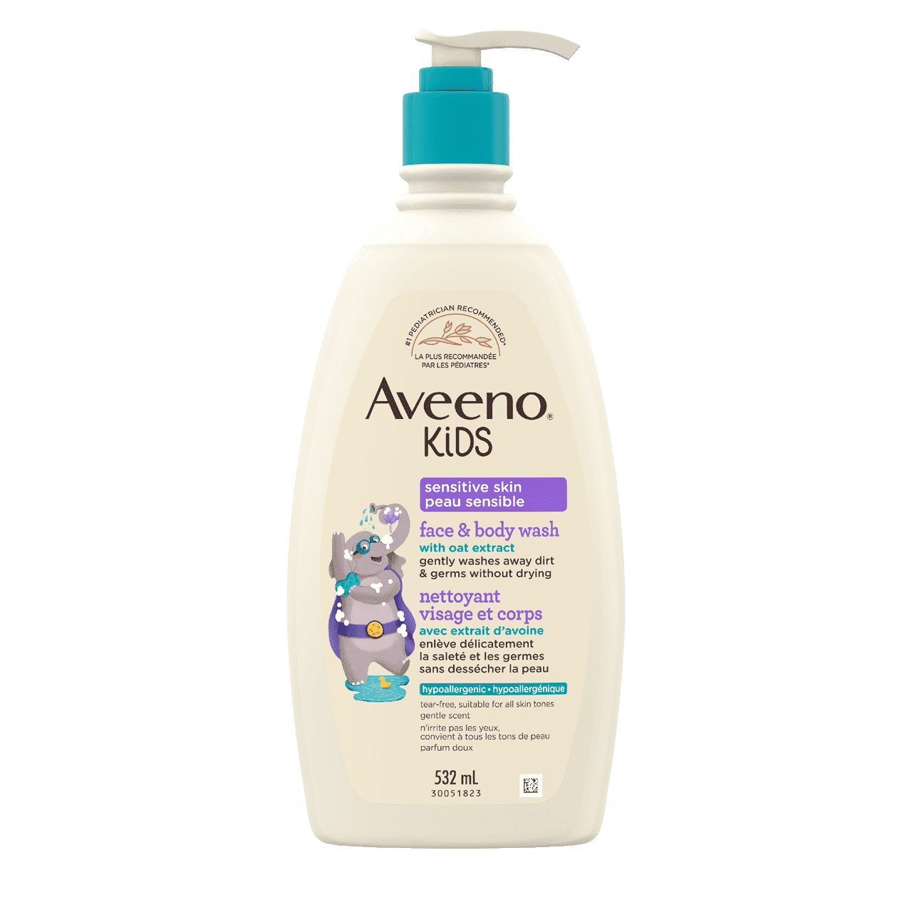 Aveeno Kids Sensitive Skin Face & Body Wash bottle, 532mL