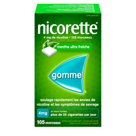 Gomme pour cesser de fumer Nicorette®, menthe ultra fraîche, 4 mg, 105 morceaux