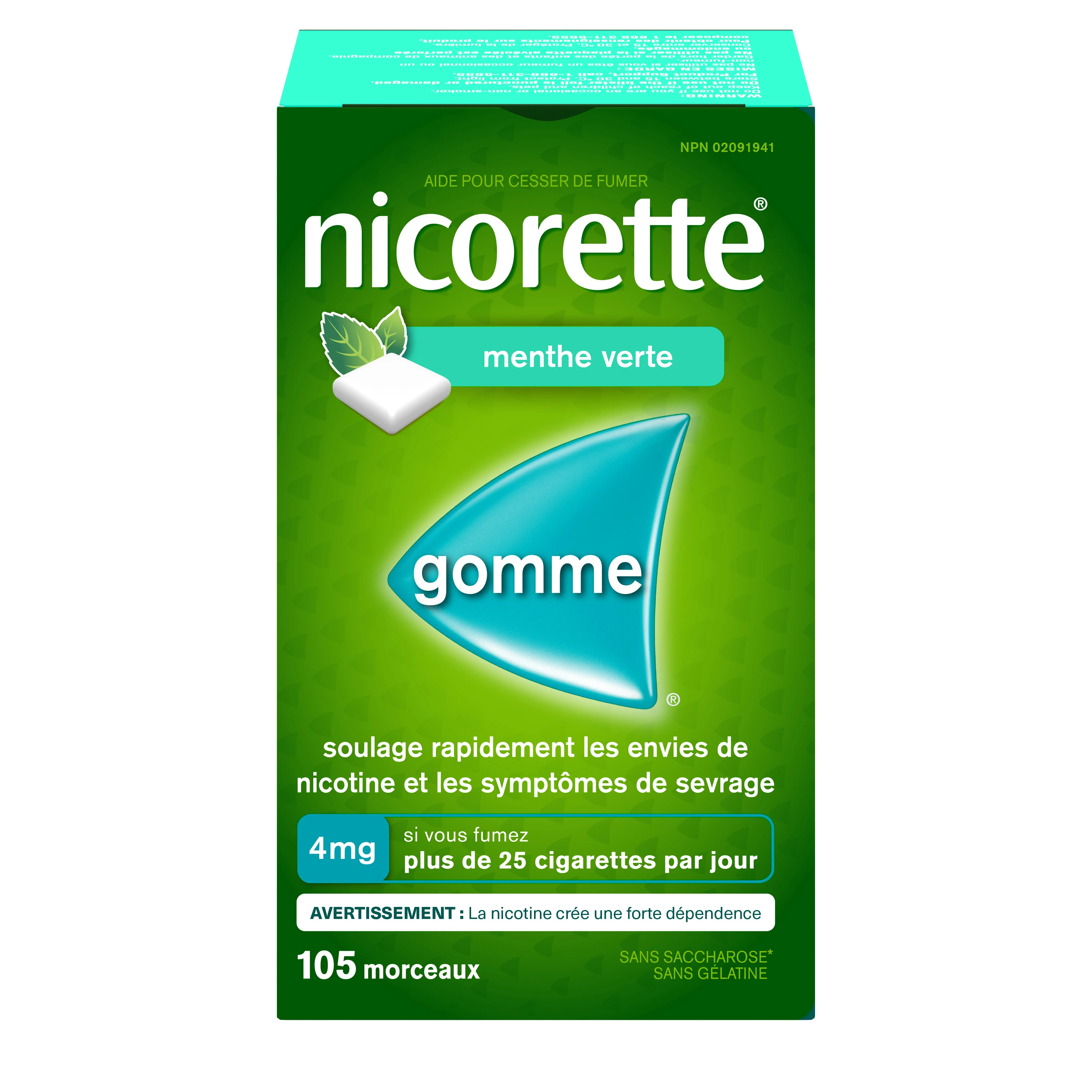 Gomme pour cesser de fumer Nicorette®, menthe verte, 4 mg, 105 morceaux