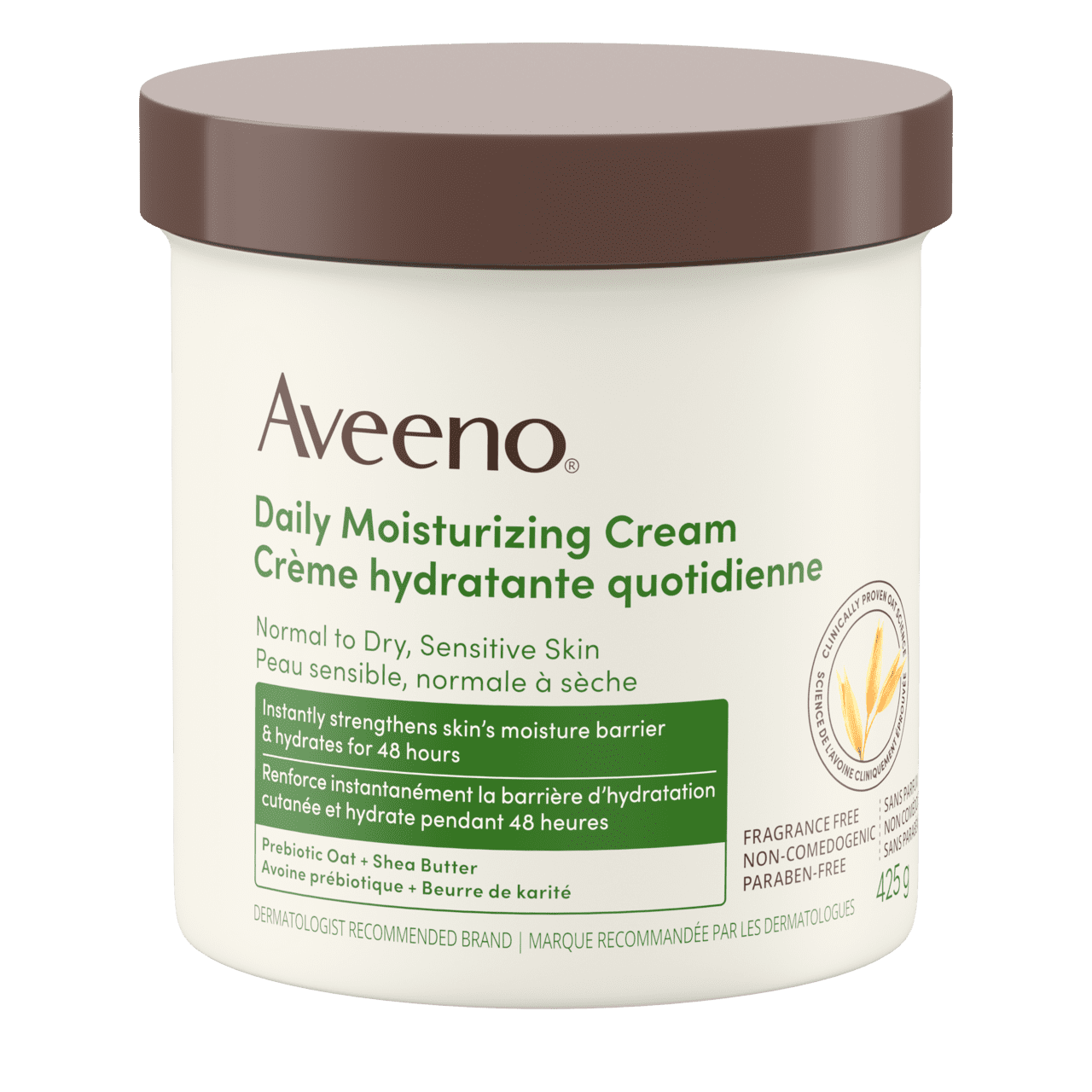 Vue de face de la crème hydratante quotidienne pour peaux sèches et sensibles AVEENO®, pot de 425 g