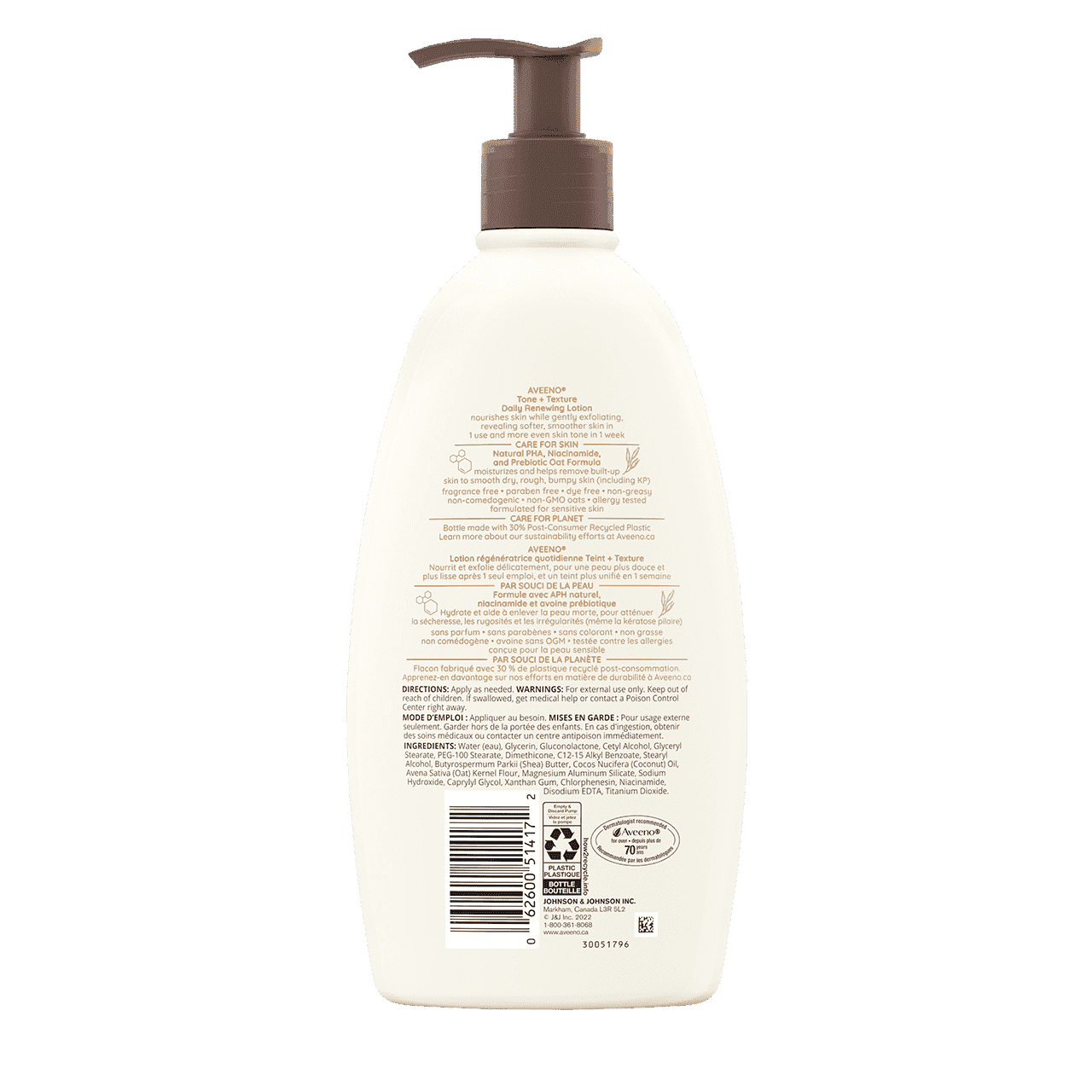 Arrière du flacon de 532 ml de la lotion régénératrice quotidienne AVEENO® Teint + Texture