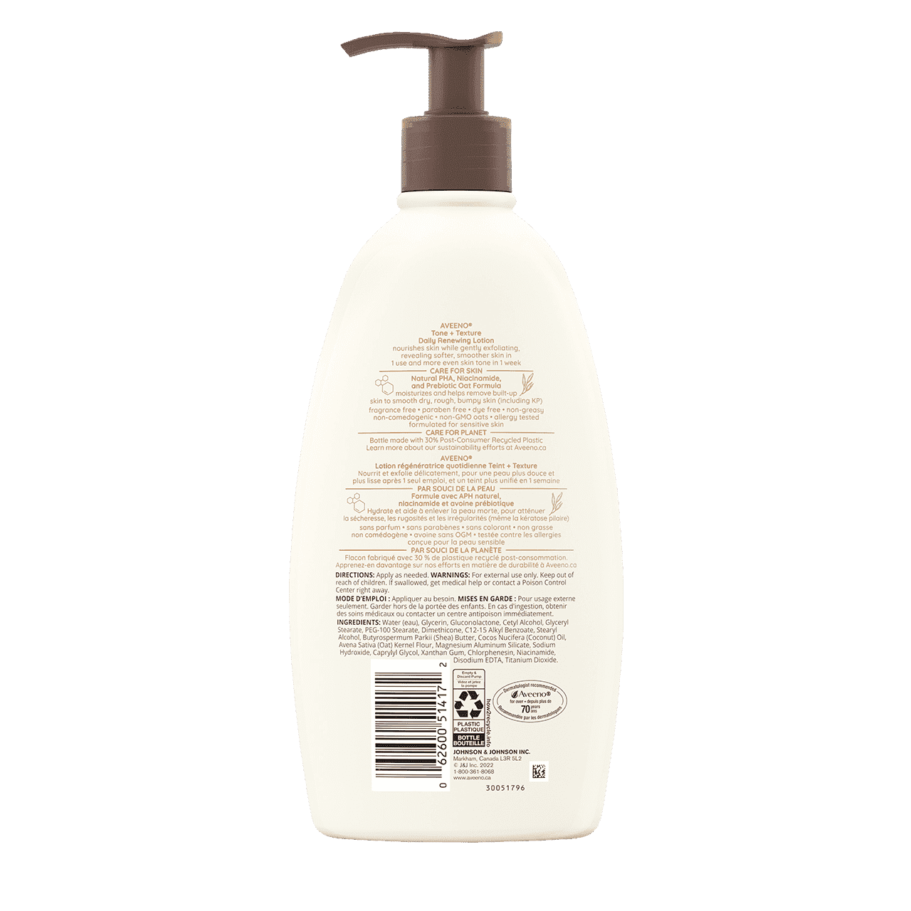 Arrière du flacon de 532 ml de la lotion régénératrice quotidienne AVEENO® Teint + Texture
