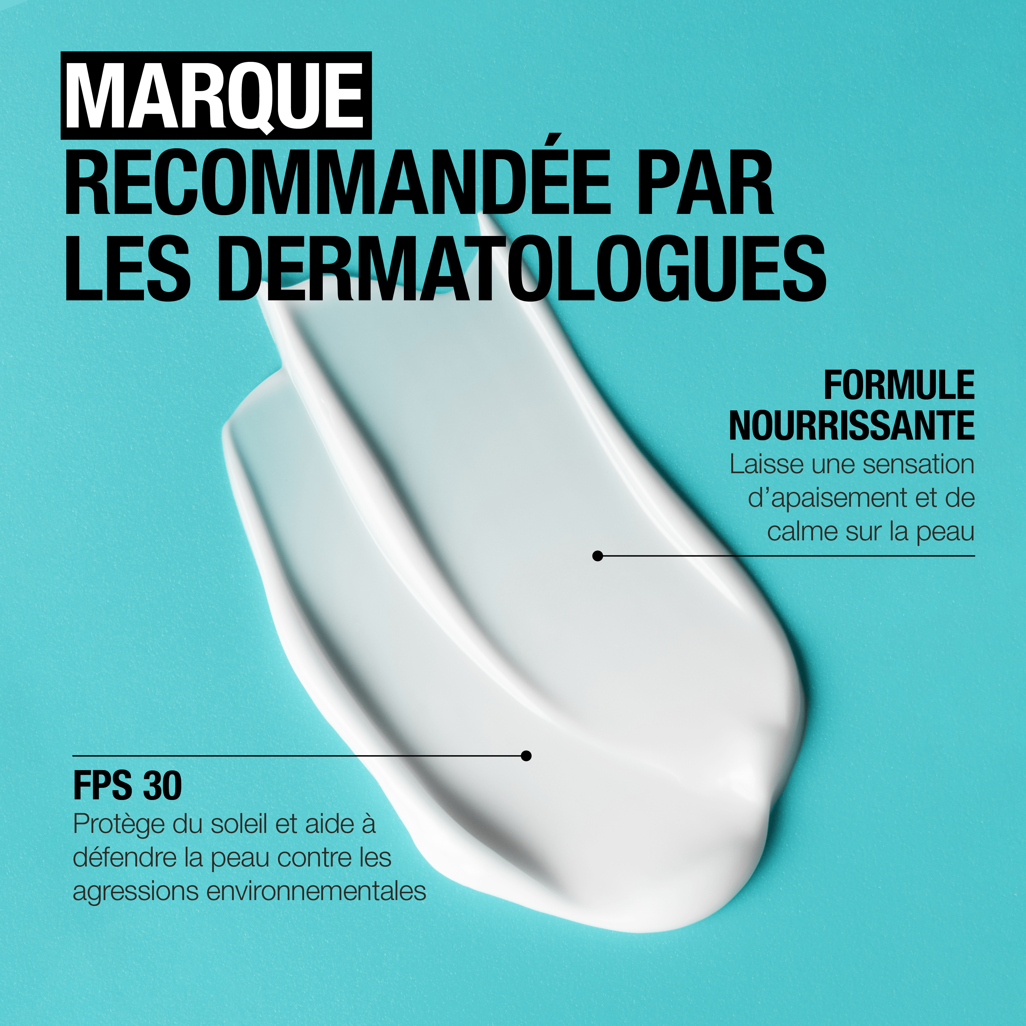 Trace du produit sur fond bleu avec la mention « Marque recommandée par les dermatologues »