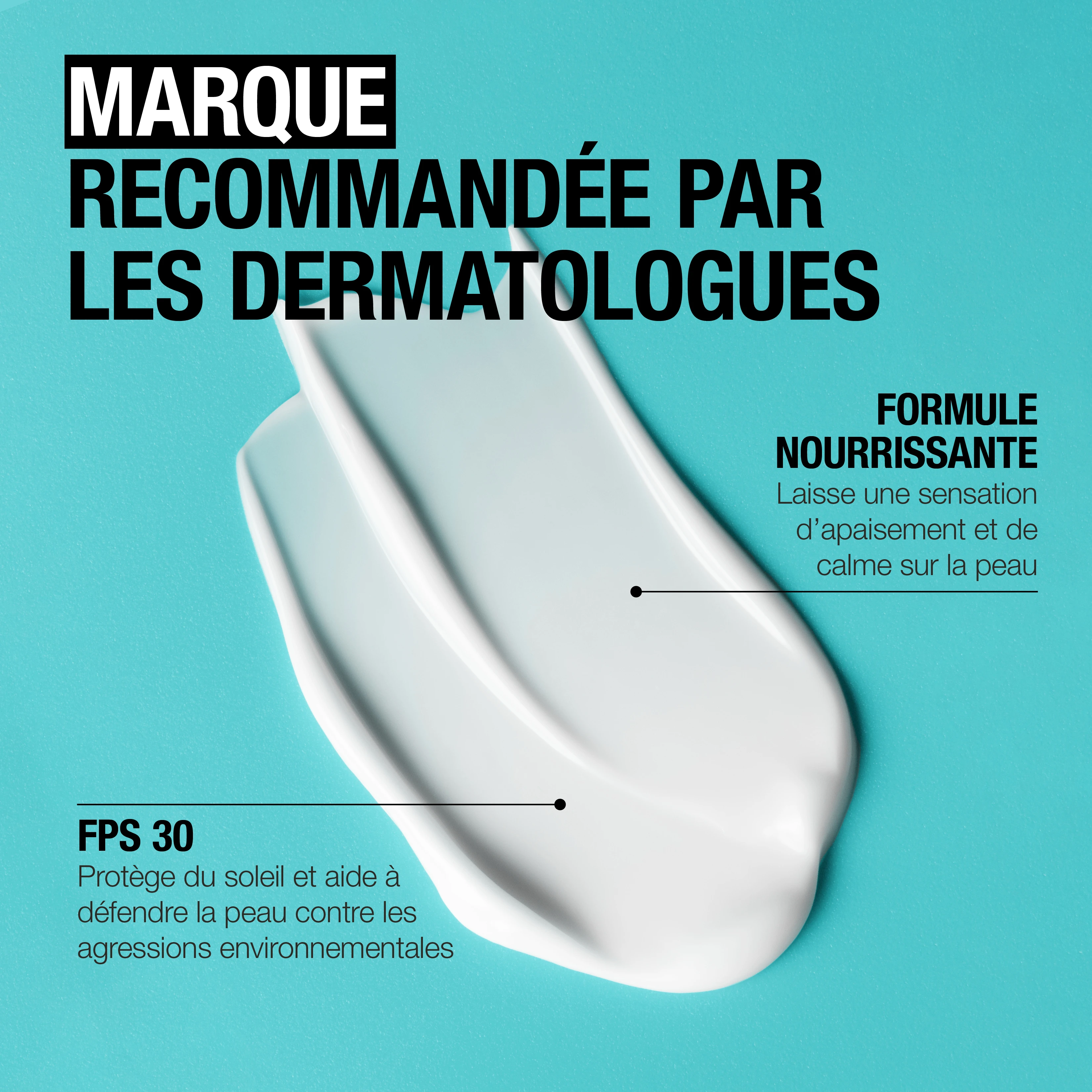 Trace du produit sur fond bleu avec la mention « Marque recommandée par les dermatologues »