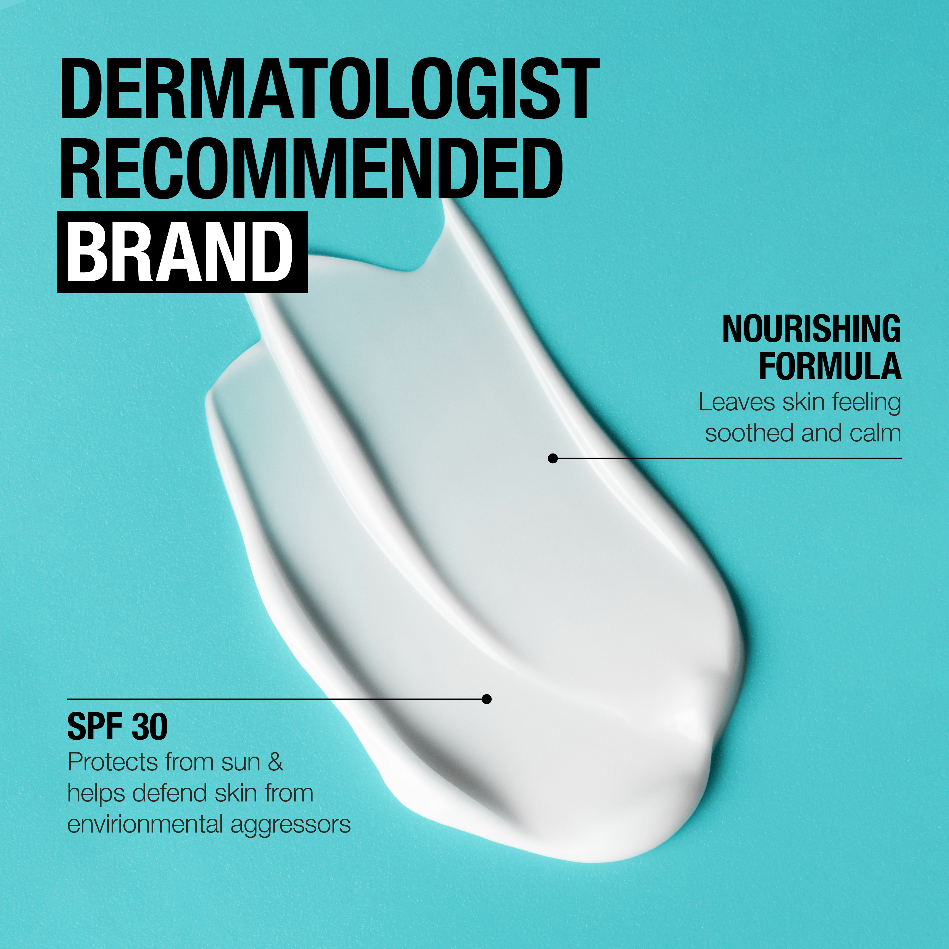 Product smear on a blue background and claim indicating 'dermatologist recommended brand'