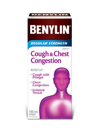 Benylin Regular Strength Cough & Chest Congestion syrup, 100mL. For relief of: cough with phlegm, chest congestion and irritated throat.