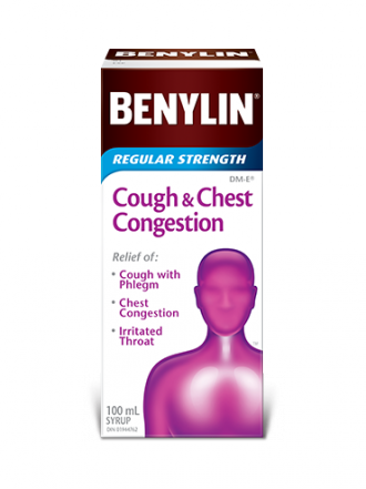 Benylin Regular Strength Cough & Chest Congestion syrup, 100mL. For relief of: cough with phlegm, chest congestion and irritated throat.