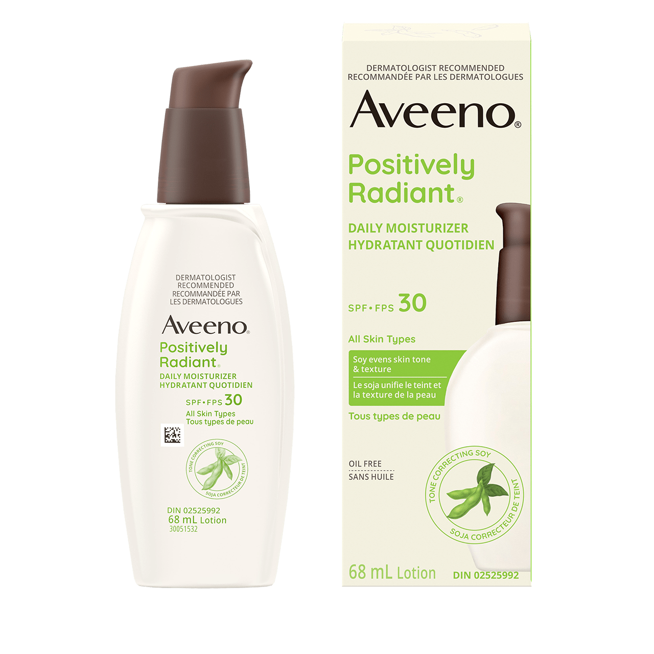 A packet of AVEENO® POSITIVELY RADIANT® Daily Moisturizer with SPF 30, pump bottle, 68mL with its package next to it