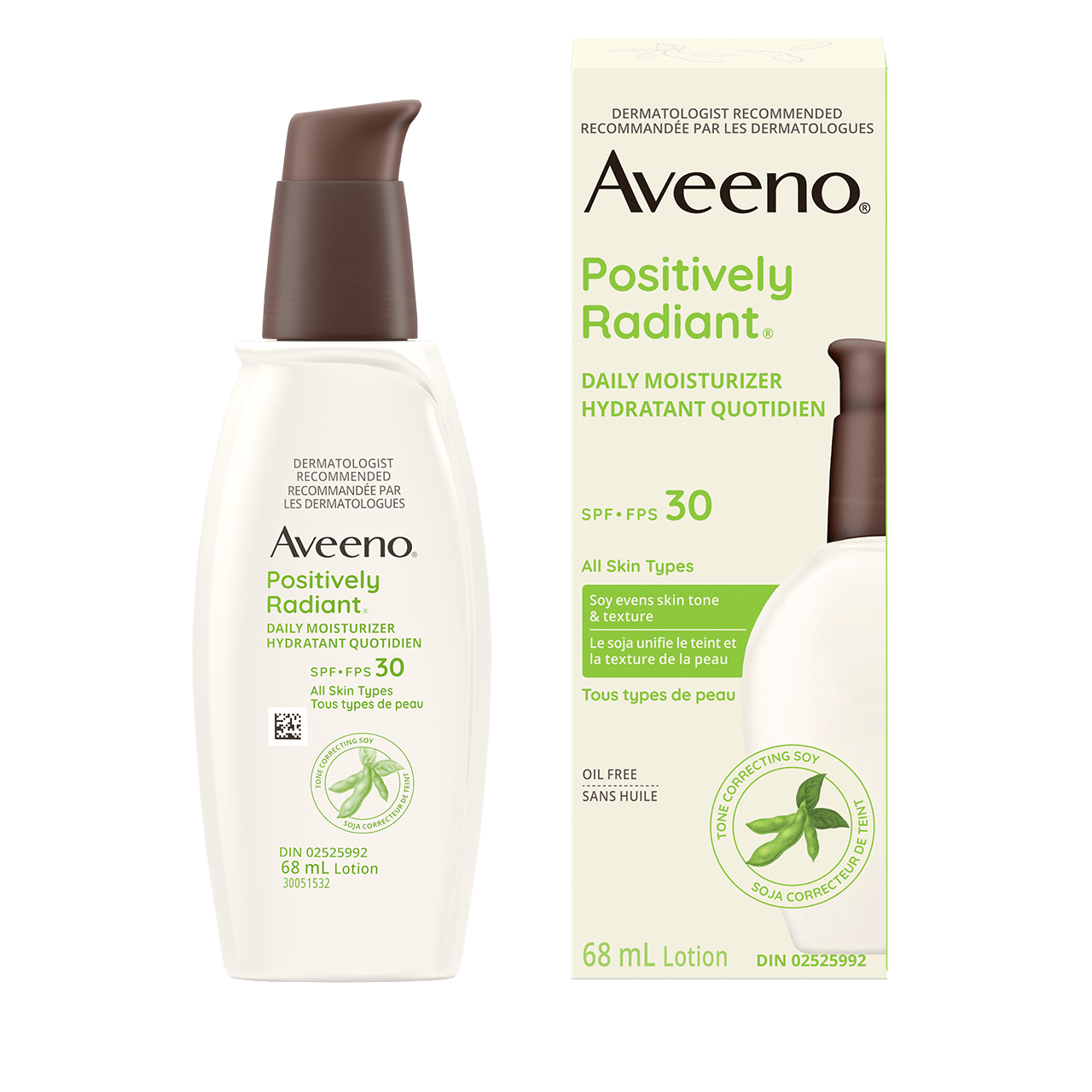 Hydratant quotidien AVEENO® POSITIVELY RADIANT® avec FPS 30, boîte et flacon-pompe de 68 ml