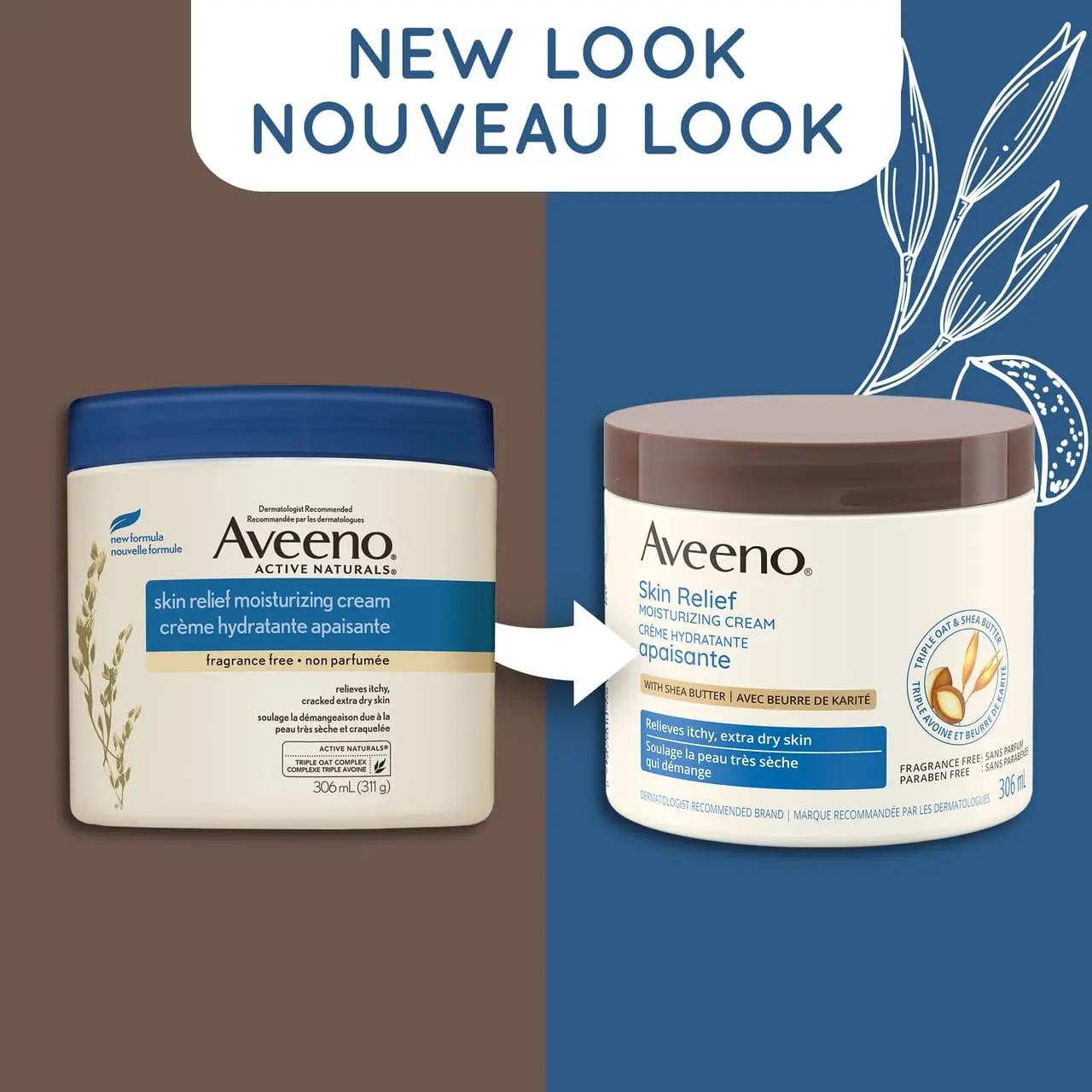 Ancien et nouvel emballage du pot de 306 ml de la crème hydratante apaisante AVEENO®, avec la mention "nouveau look"