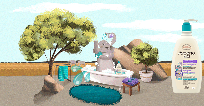 Sage l’éléphant prenant un bain avec le nettoyant visage et corps Aveeno® Kids