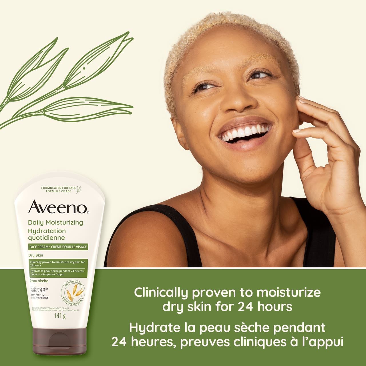 Photo d'une femme souriante, d'un tube de la crème pour le visage AVEENO® Hydratation quotidienne avec la mention : « Hydrate la peau sèche pendant 24 heures, preuves cliniques à l'appui. » 