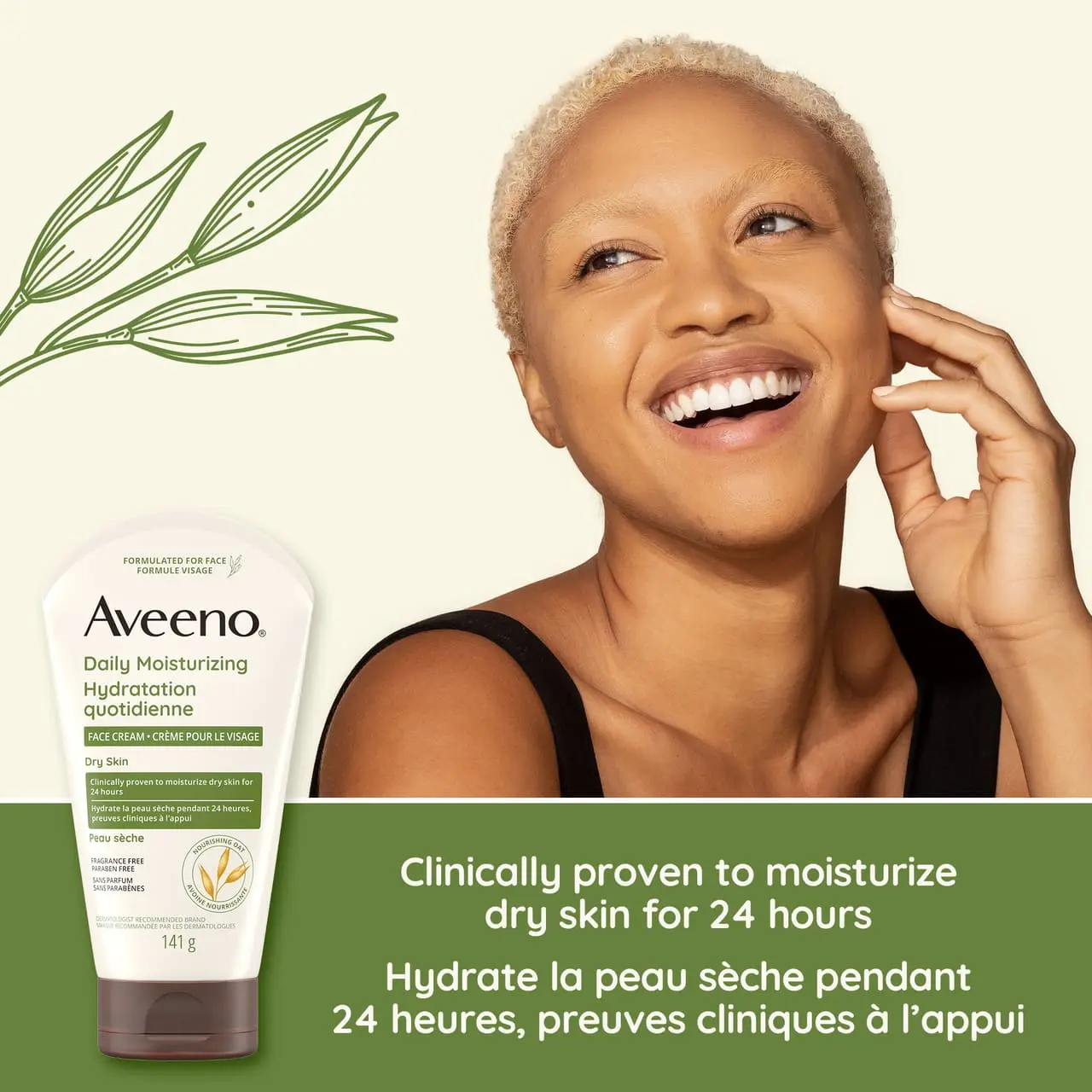 Woman smiling with Aveeno Daily Moisturizing Face Cream tube and text stating 'Clinically proven to moisturize dry skin for 24hrs'.