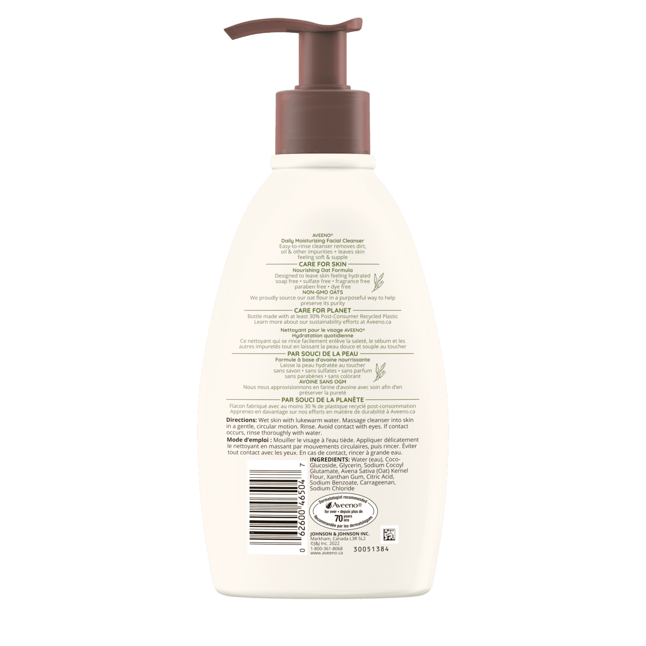 Back Shot of Bottle of AVEENO® Daily Moisturizing Facial Cleanser in 354 mL