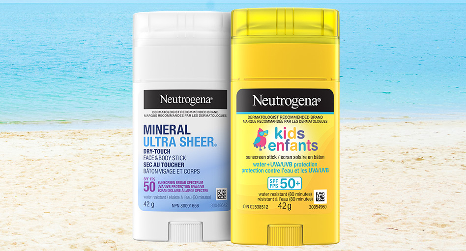 Bannière illustrant l’écran solaire en bâton pour enfants Neutrogena®, FPS 50+, et l'écran solaire en bâton pour le visage et le corps Neutrogena® ULTRA SHEER® Sec au toucher, FPS 50. 