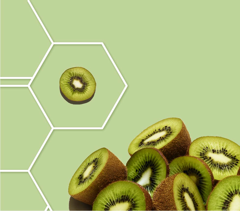 kiwi slice in a molecule grid against a green background